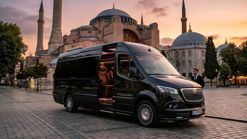 Kalabalık gruplar ve geniş aileler için özel tasarlanmış siyah VIPGOS Mercedes Sprinter lüks transfer aracı