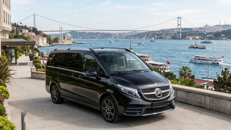 İstanbul havalimanı ve şehir içi lüks ulaşım hizmetleri için kullanılan siyah VIPGOS Mercedes Vito transfer aracı