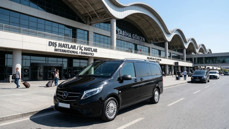 Sabiha Gökçen Havalimanı terminali önünde yolcularını bekleyen siyah VIPGOS Mercedes Vito transfer aracı