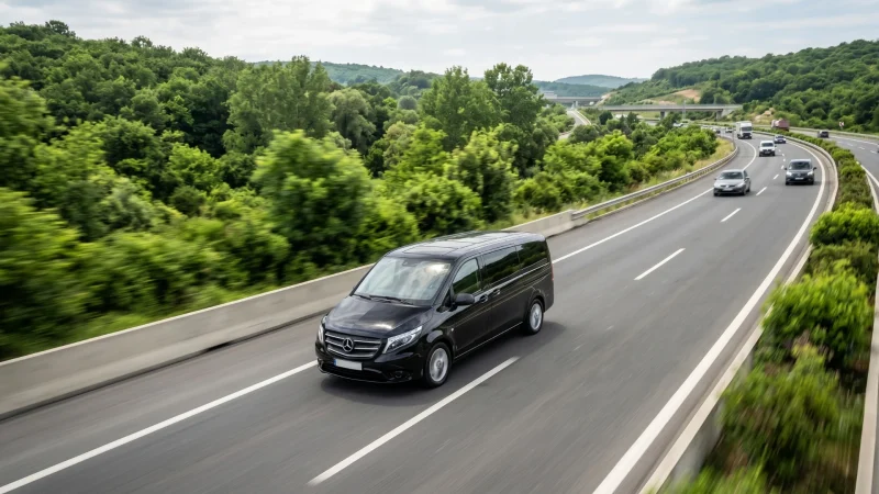 İstanbul çıkışlı şehirler arası yolculuklar için tercih edilen geniş VIP Mercedes Vito transfer aracı otoyolda seyahat ederken