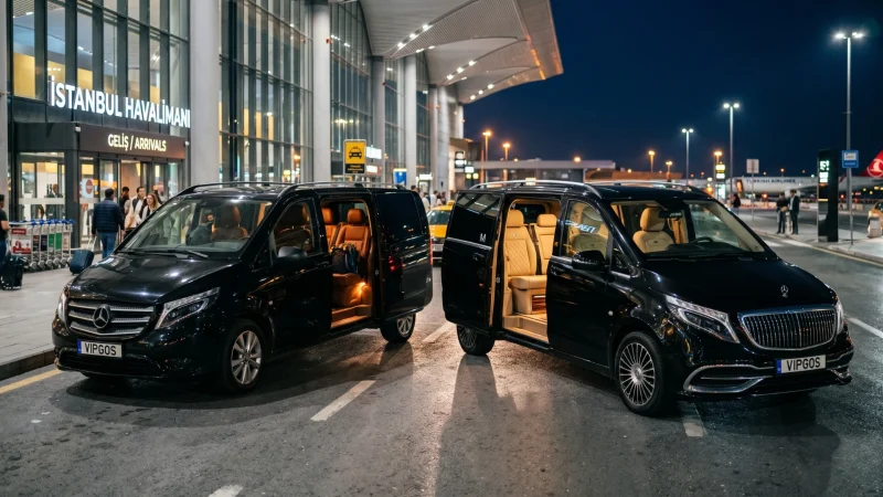 İstanbul havalimanı önünde yolcularını bekleyen VIPGOS şoförlü lüks Mercedes Vito transfer araçları